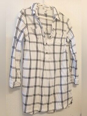 Old Navy Plaid Shirt Dress SP Small Petite White Black Windowpane Popover Tunic